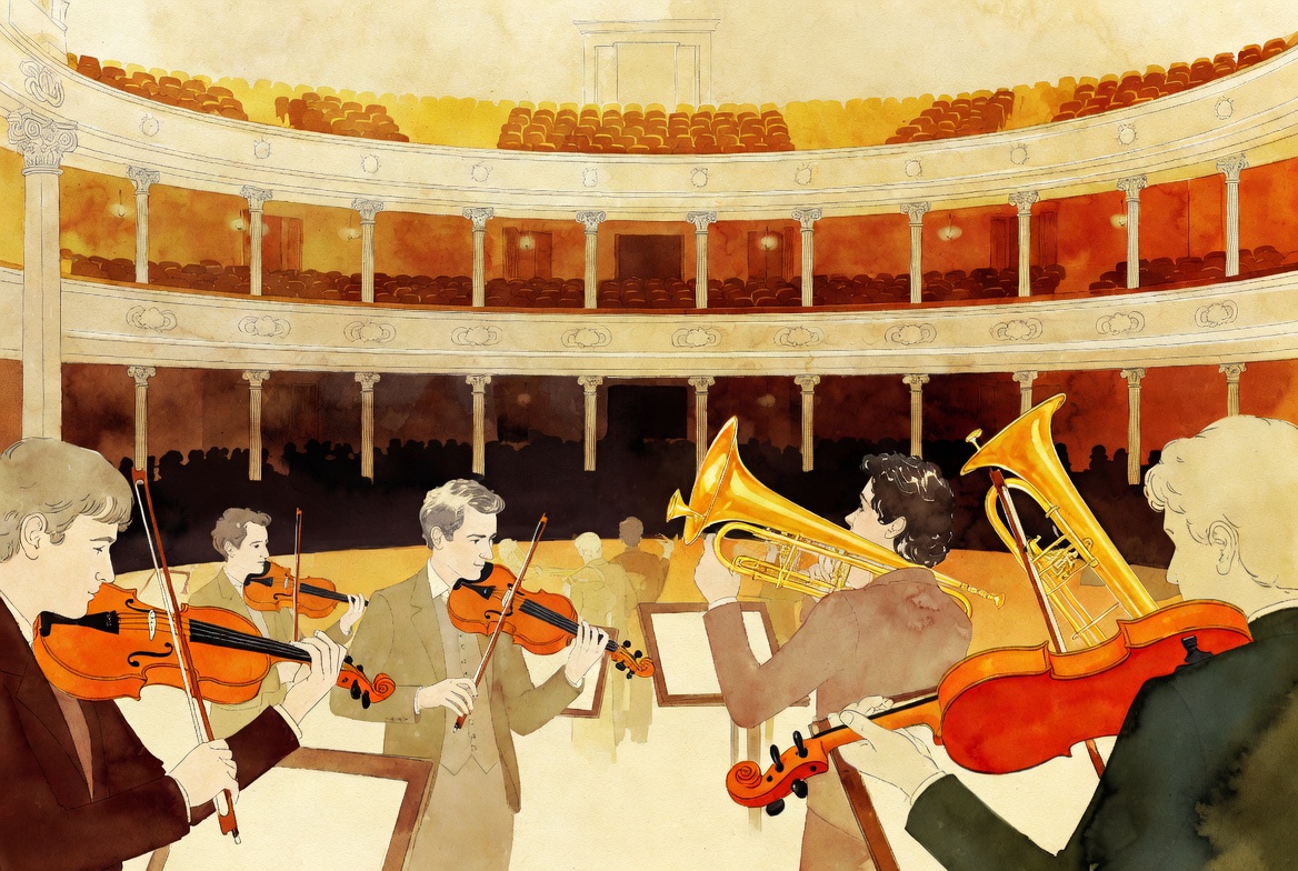 A grand orchestra performing in a historic concert hall